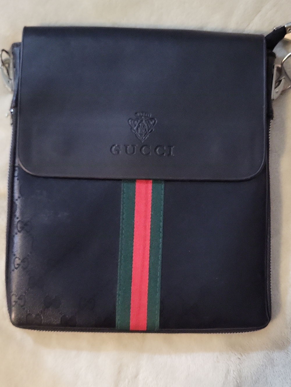 Gucci Black Leather Messenger Bag with Green-Red Web Stripe